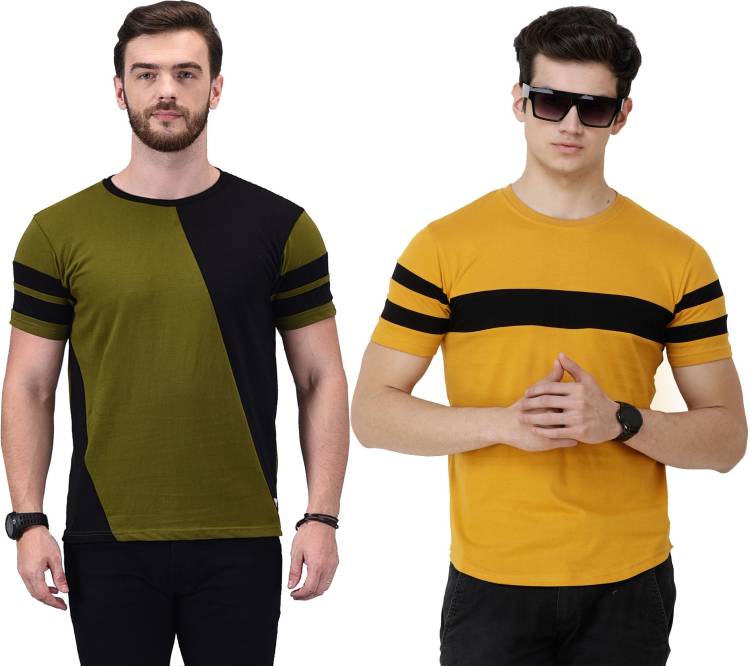 Color Block Men Round Neck Green, Black, Yellow T-Shirt