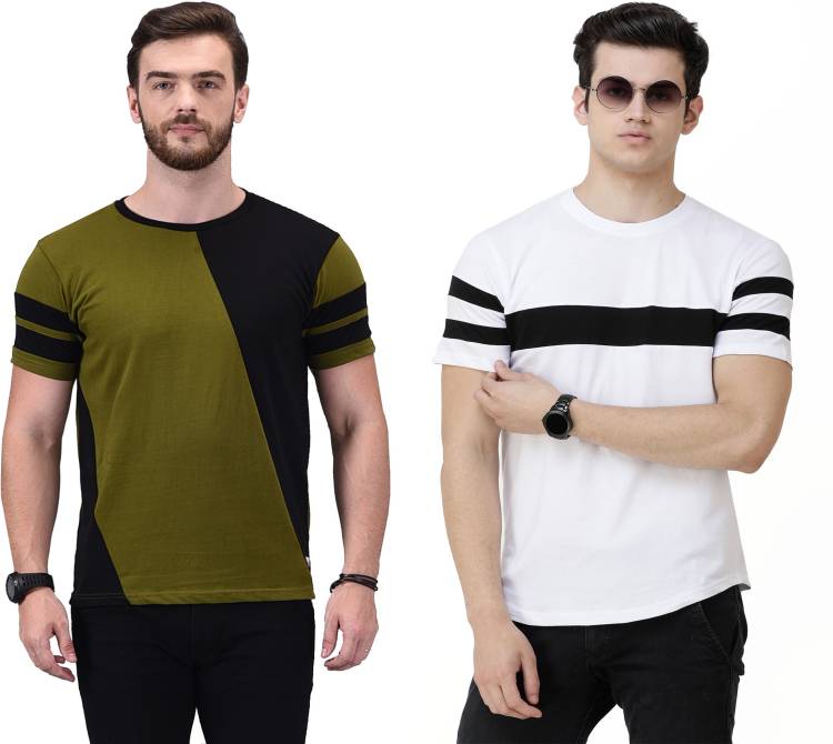 Color Block Men Round Neck Green, White, Black T-Shirt