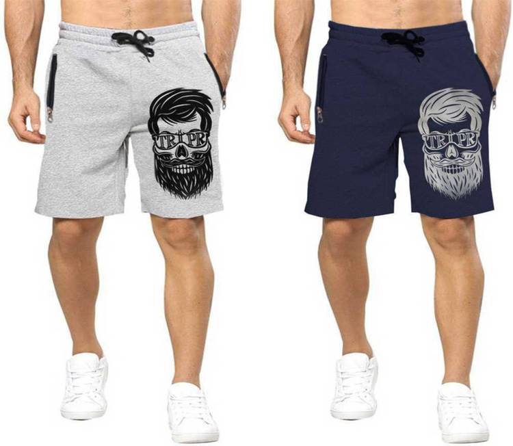 Printed Men Dark Blue, Grey Regular Shorts