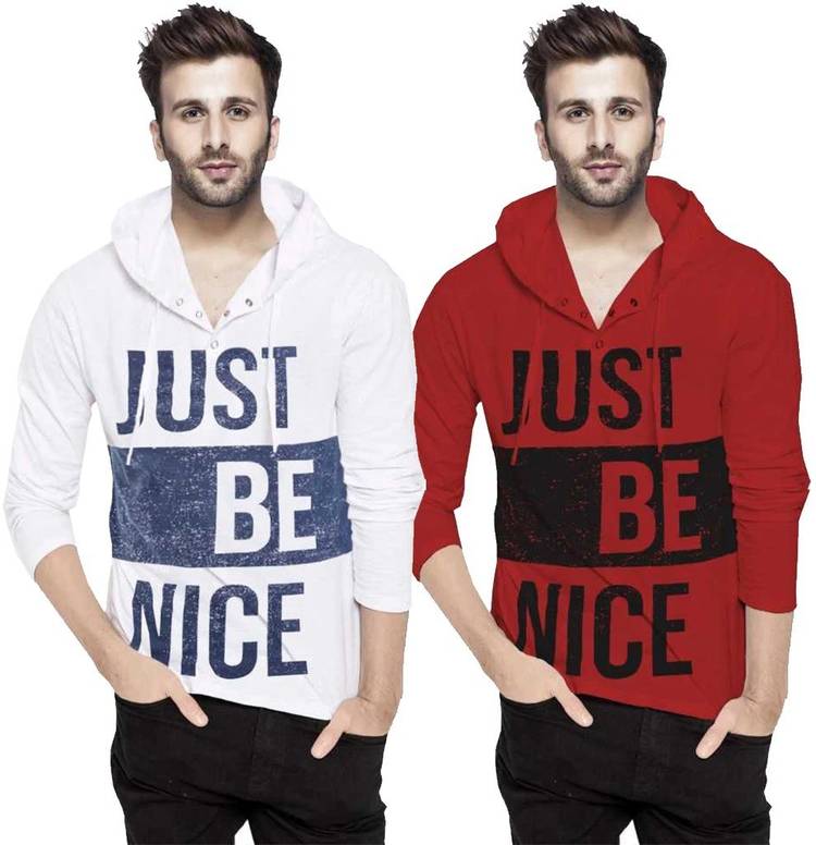 Printed Men Hooded Neck Red, White T-Shirt