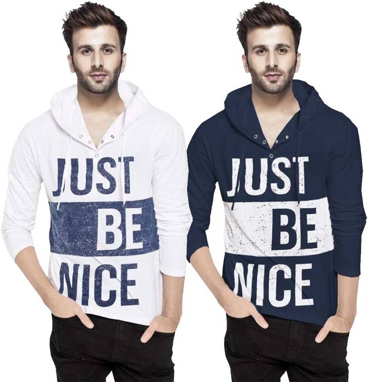 Printed Men Hooded Neck Dark Blue, White T-Shirt