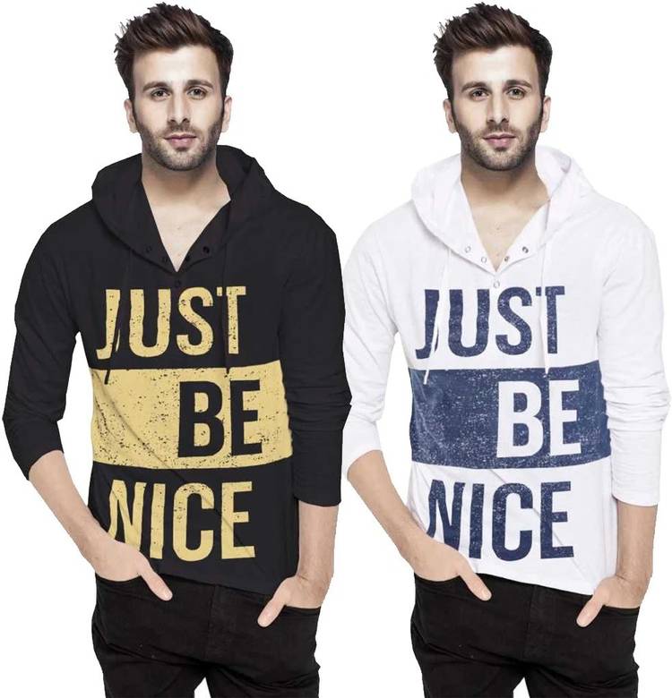 Printed Men Hooded Neck White, Black T-Shirt