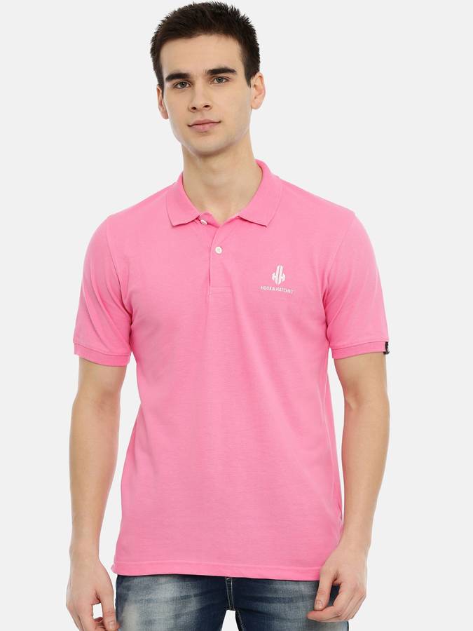 Solid Men Polo Neck Pink T-Shirt