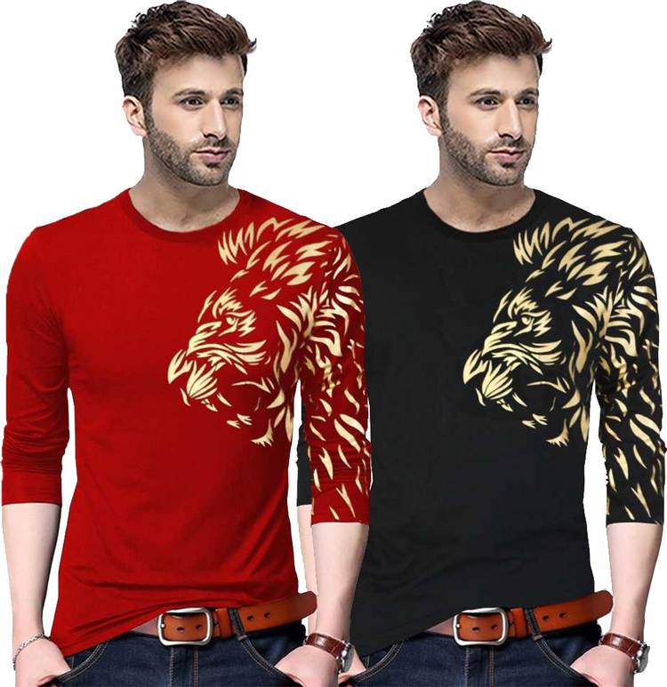 Printed Men Round Neck Red, Black T-Shirt