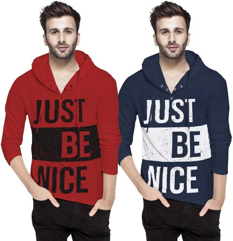 Printed Men Hooded Neck Dark Blue, Red T-Shirt