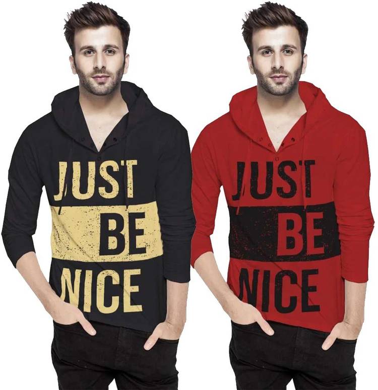 Printed Men Hooded Neck Red, Black T-Shirt