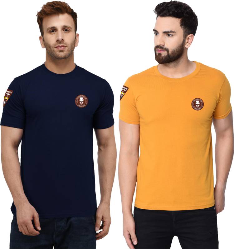 Solid Men Round Neck Blue, Yellow T-Shirt