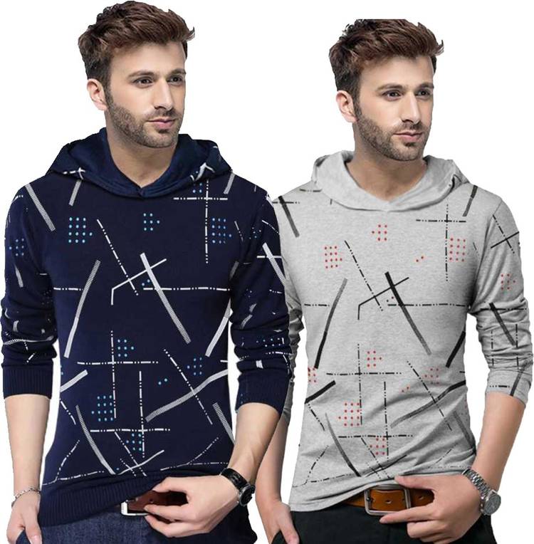 Printed Men Hooded Neck Dark Blue, Grey T-Shirt