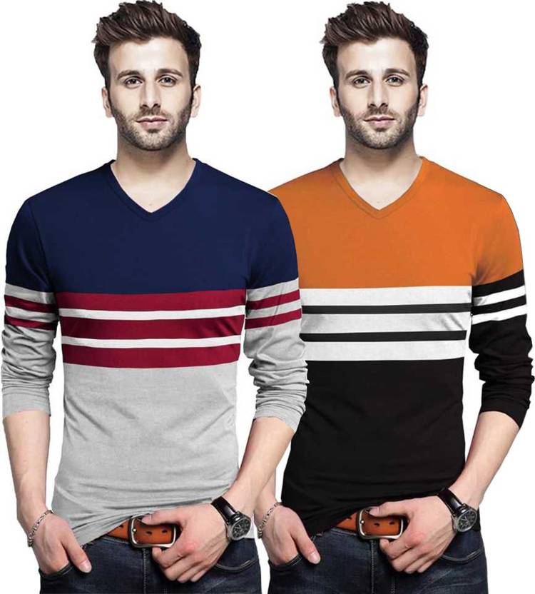 Color Block Men V Neck Multicolor T-Shirt