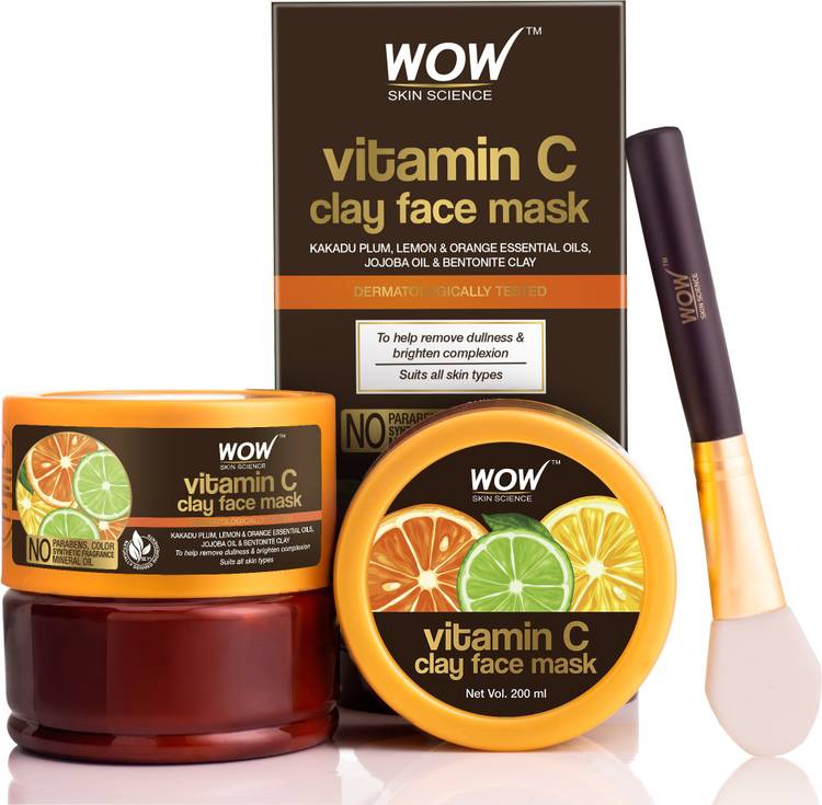 WOW SKIN SCIENCE Vitamin C Glow Clay Face Mask with Lemon & Orange Essential Oils, Jojoba Oil & Bentonite Clay - No Parabens, Synthetic Fragrance, Mineral Oil & Color