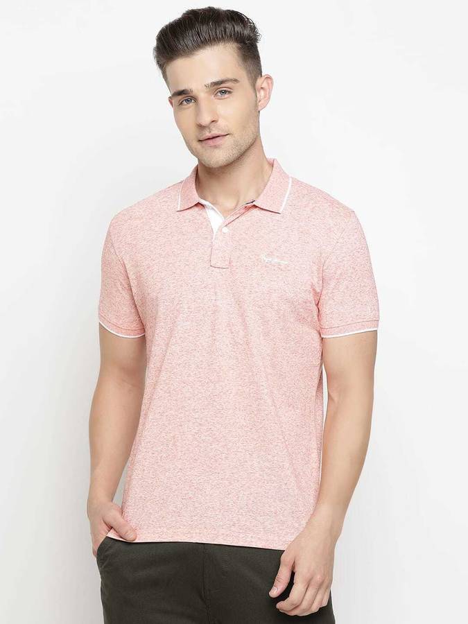 Self Design Men Polo Neck Pink T-Shirt