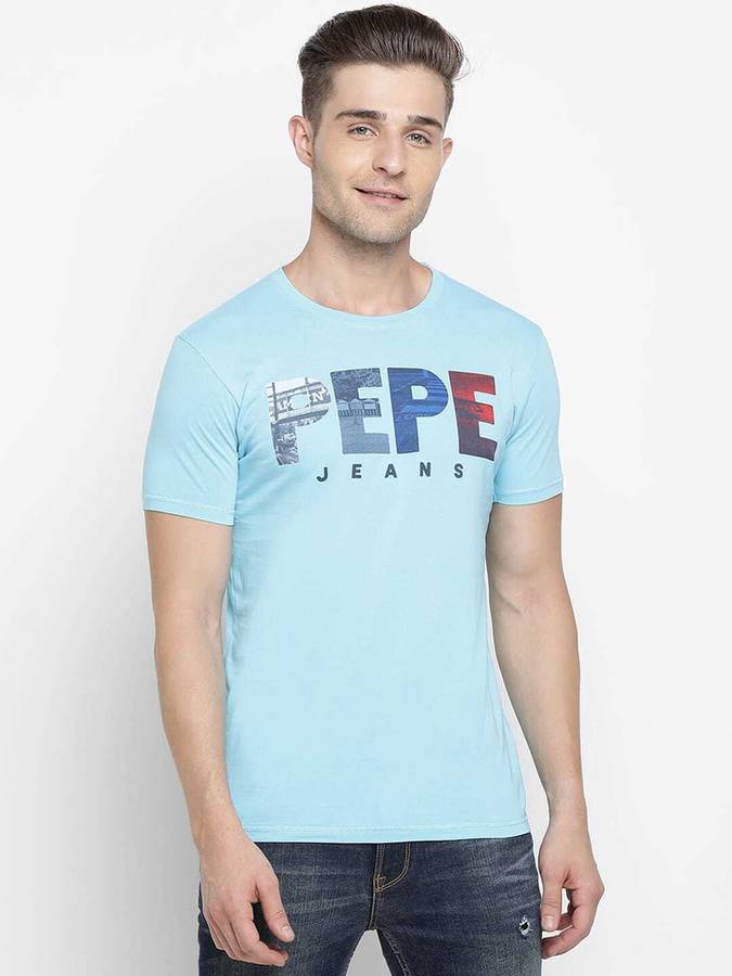 Typography Men Round Neck Blue T-Shirt