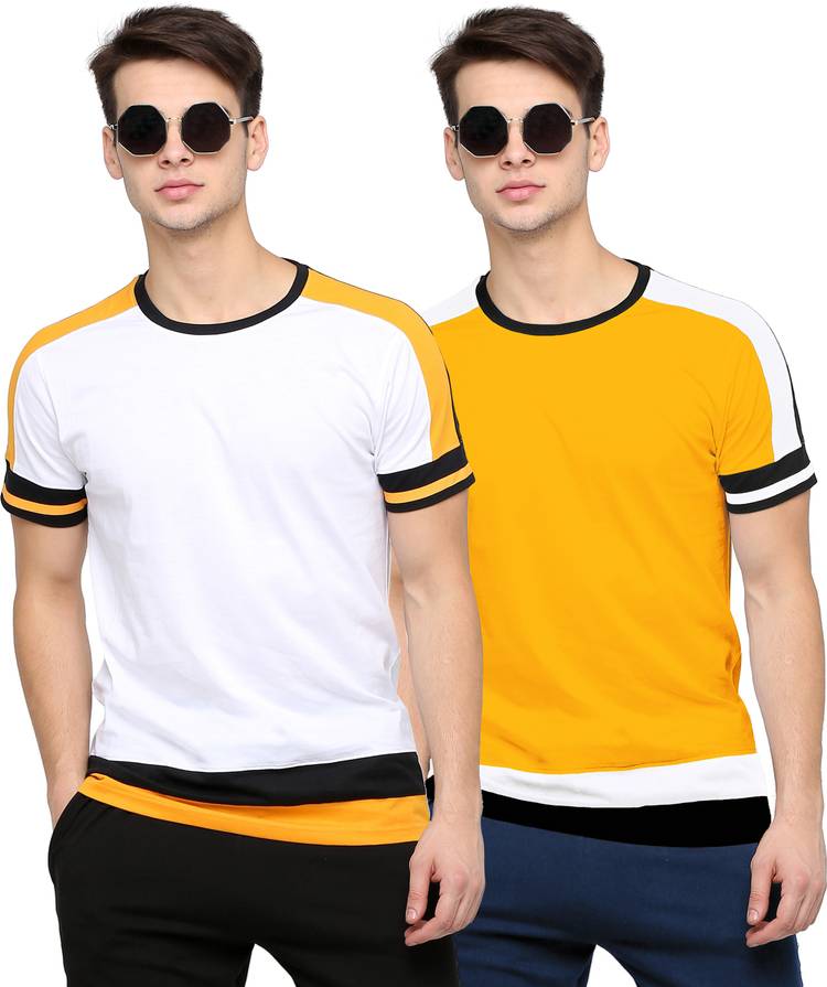 Color Block Men Round Neck White, Yellow T-Shirt