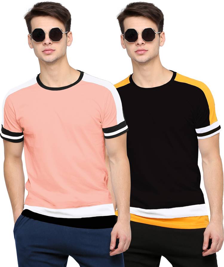 Color Block Men Round Neck Pink, Black T-Shirt