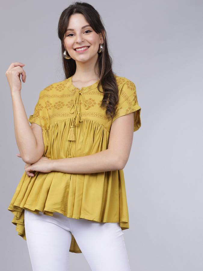 Casual Regular Sleeves Printed Women Yellow Top