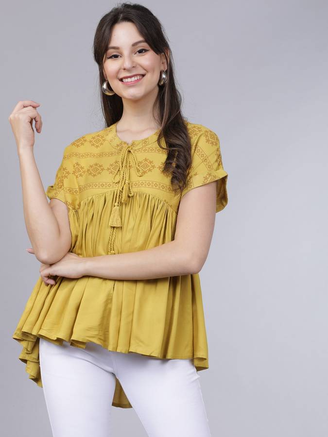 Casual Regular Sleeves Printed Women Yellow Top Price in India