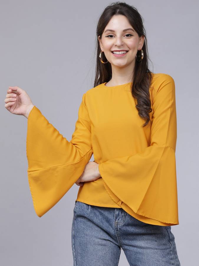 Casual Bell Sleeve Solid Women Yellow Top