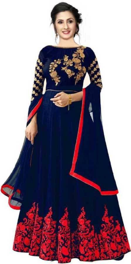 Satin Embroidered, Solid Gown/Anarkali Kurta & Bottom Material Price in India