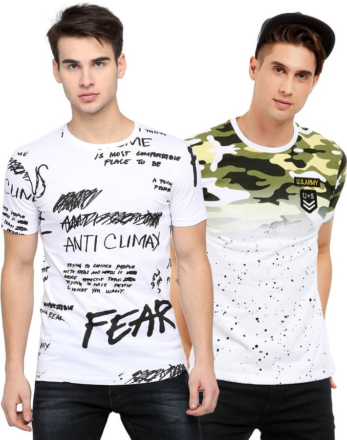 Printed Men Round Neck White, Green T-Shirt