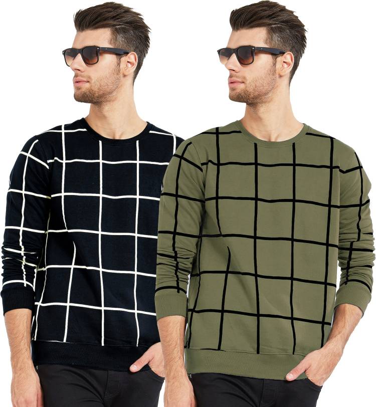 Checkered Men Round Neck Dark Green, Black T-Shirt Price in India