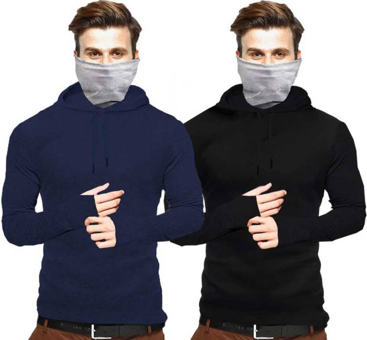 Solid Men Hooded Neck Dark Blue, Black, Grey T-Shirt