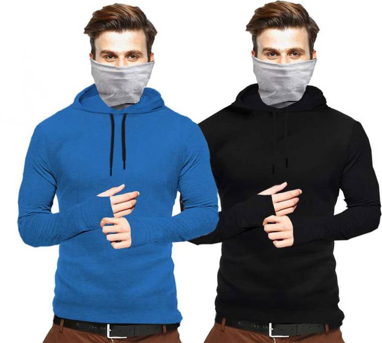 Solid Men Hooded Neck Light Blue, Black, Grey T-Shirt