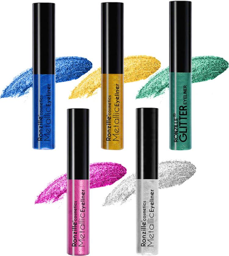 RONZILLE Combo of 5 Waterproof shimmer Metallic Glitter Eyeliner ( Blue,Green,Gold,Pink,Silver) 25 ml Price in India