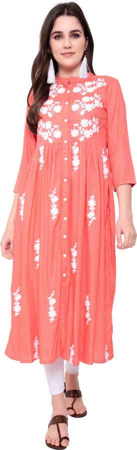 Women Embroidered Cotton Rayon Blend Flared Kurta