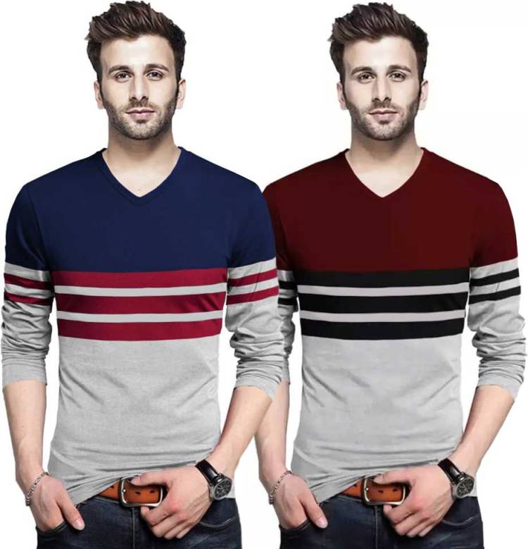 Striped Men V Neck Multicolor T-Shirt