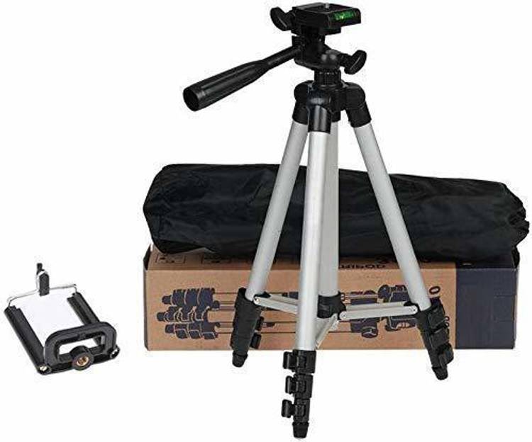 ghar ki khushiya GHARKIKHUSHIYA Portable Aluminum Lightweight Camera Stand Tripod-3110 With Three-Dimensional Head & Quick Release Plate For Video Cameras and mobile clip holder for Mobiles & Smartphones Tripod (Silver, Black, Supports Up to 1500 g) Trip
