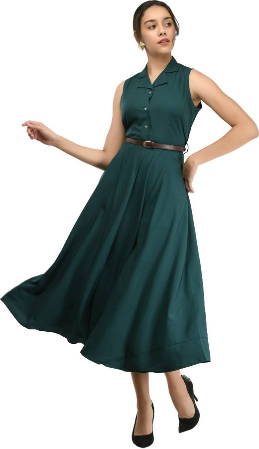 Women Fit and Flare Green Dress With Mask