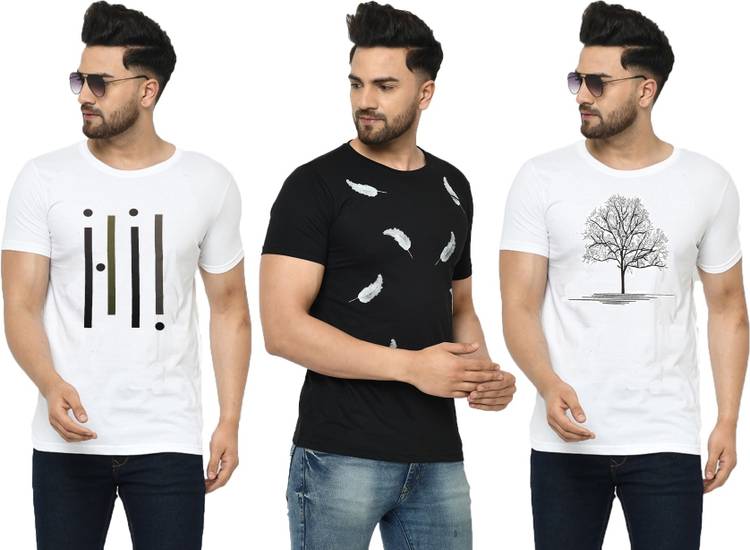 Printed Men Round Neck White, Black T-Shirt
