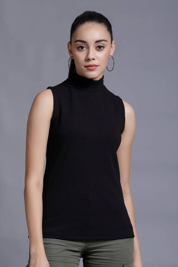 Casual Sleeveless Solid Women Black Top Price in India