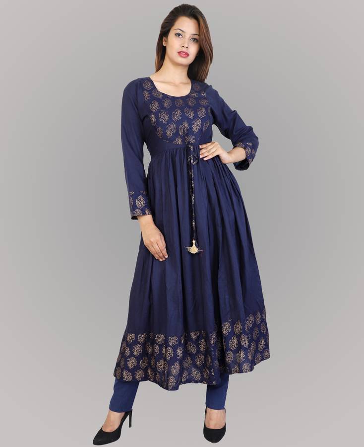 Women Block Print Cotton Rayon Blend Anarkali Kurta