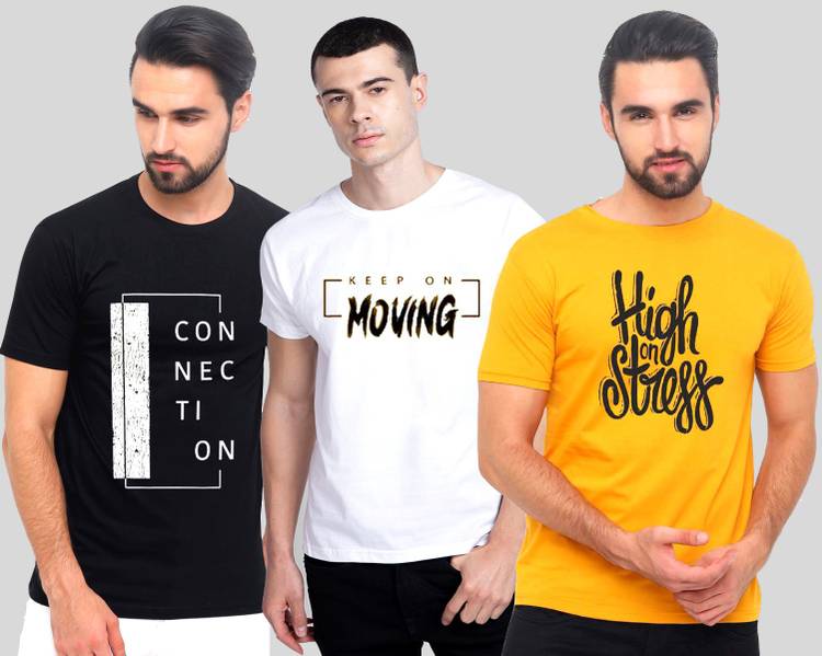 Printed Men Round Neck White, Black, Yellow T-Shirt