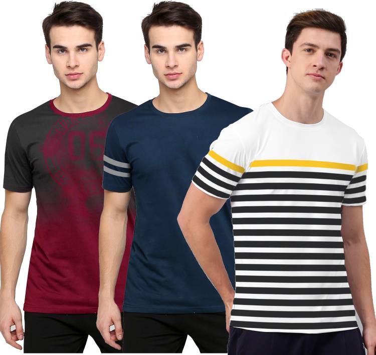 Striped Men Round Neck Dark Blue, White, Brown T-Shirt