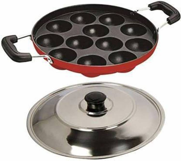 mishita 12 Cavities Non Stick Appam Patra with Lid and Side Handle/ kulipaniyaram pan nonstick/ appe/ aapee ka sacha/ panniyaram kadai/ Paniyarrakal/Paniyaram/Appam Pan/Appam Maker/Pan Cake/guntapongadalu pan/appam kadai/Ponganal Maker/idali Maker/idali 