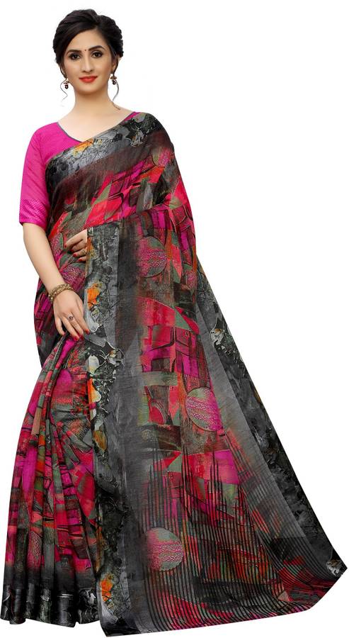 Digital Print Fashion Cotton Linen Blend Saree