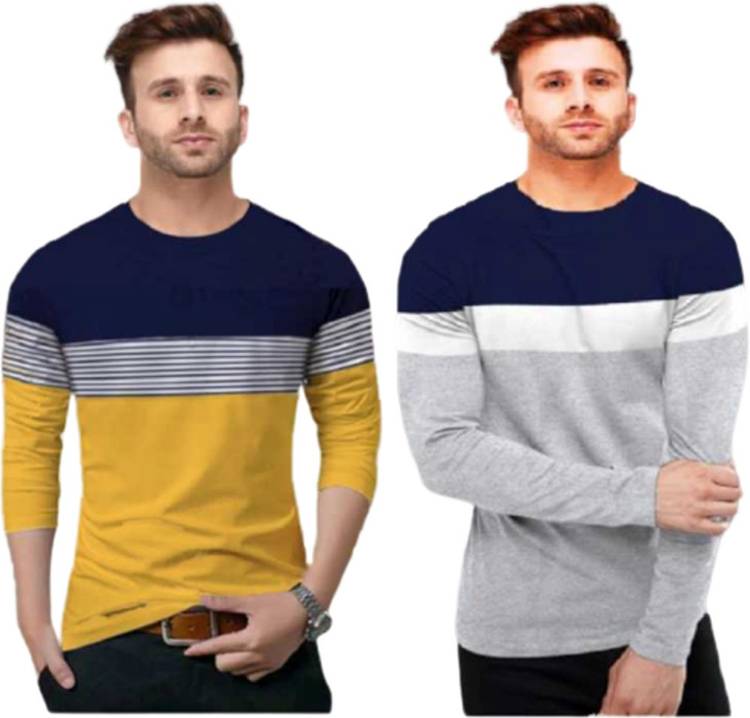 Solid Men Round Neck White, Blue, Yellow T-Shirt