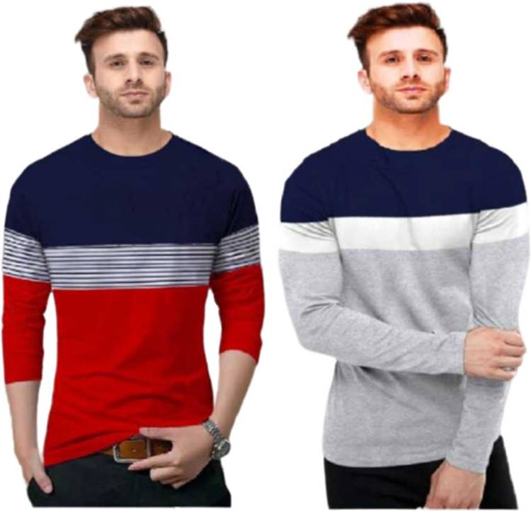 Solid Men Round Neck Red, White, Blue T-Shirt