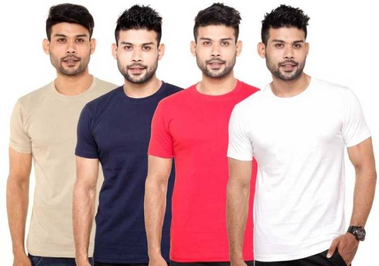 Solid Men Round Neck Dark Blue, Red, White, Beige T-Shirt