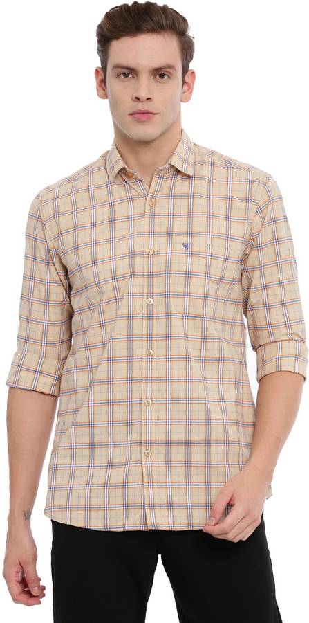 Men Slim Fit Checkered Button Down Collar Casual Shirt