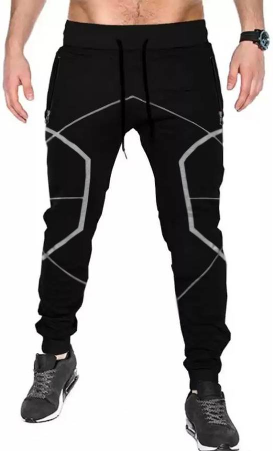 Self Design Men Black Track Pants