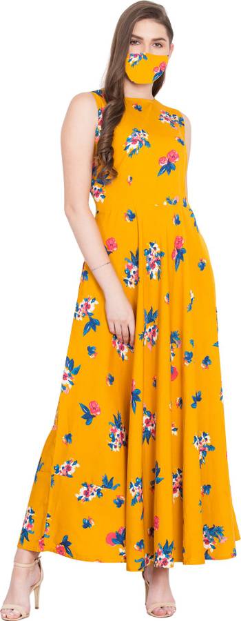 Women Fit and Flare Yellow Dress With Mask