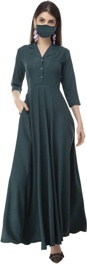 Women Maxi Dark Green Dress With Mask Price in India
