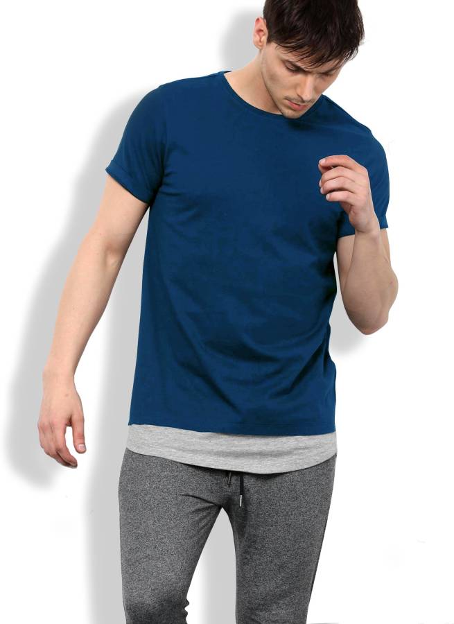 Solid Men Round Neck Dark Blue, Grey T-Shirt