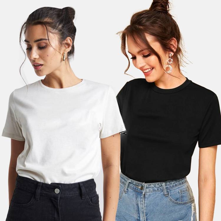 Solid Women Round Neck White, Black T-Shirt