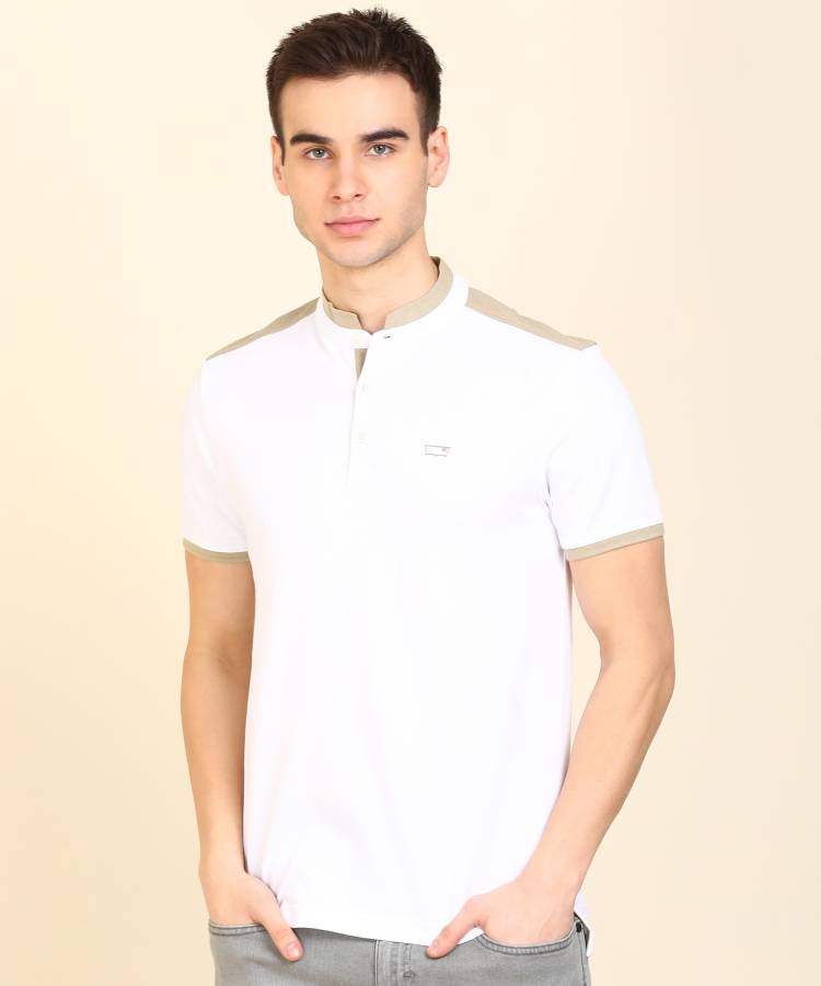 Solid Men Mandarin Collar White T-Shirt Price in India