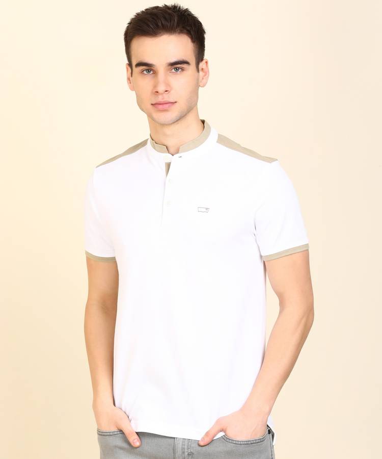 Solid Men Mandarin Collar White T-Shirt
