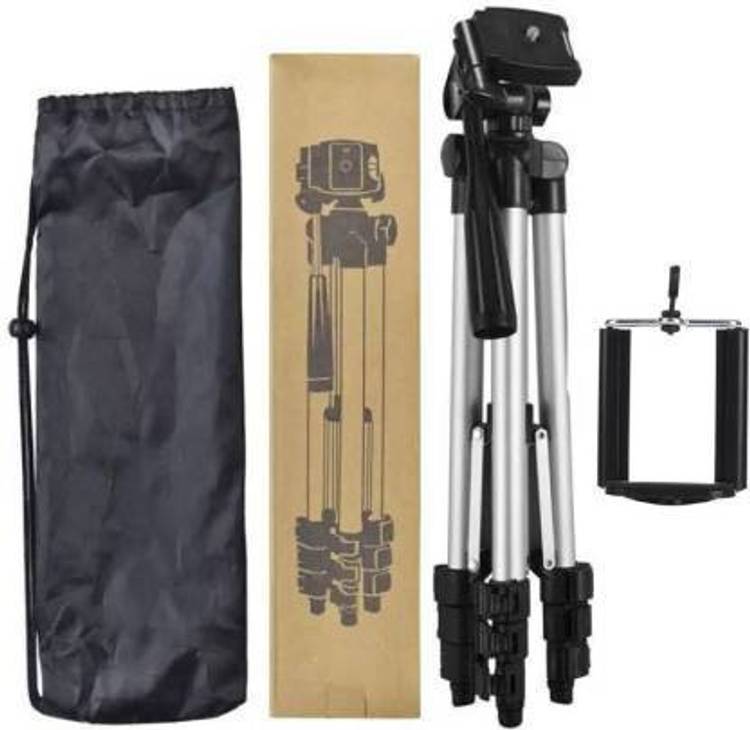 SKYTOP Portable Aluminium Lightweight Camera Stand Tripod-3110 With Three-Dimensional Head & Quick Release Plate For Video Cameras and mobile clip holder for Mobiles & Smartphones Tripod (Silver, Black, Supports Up to 1500 g) Tripod
